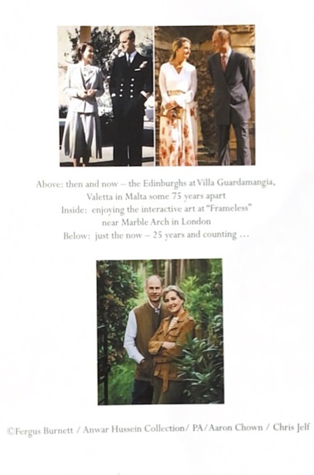 The card features a photo of the Edinburghs 'then and now', with Prince Edward and Sophie on the right and the then Duke and Duchess of Edinburgh, Elizabeth and Philip on the left - both taken at Villa Guardamangia in Valletta