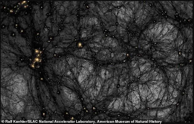 While dark matter is a type of matter that cannot be observed or seen, dark energy is a type of energy that does not interact with matter in a normal way. Scientists have proposed that these two things could make up as much as 96 percent of the universe. Pictured: NASA's map of dark matter in the universe