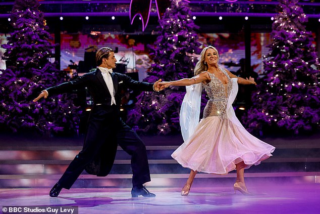 In her dance shots, Tamzin wore a delicate lilac dress adorned with sequins and a floating cape that flowed out behind her as she showed off her moves.