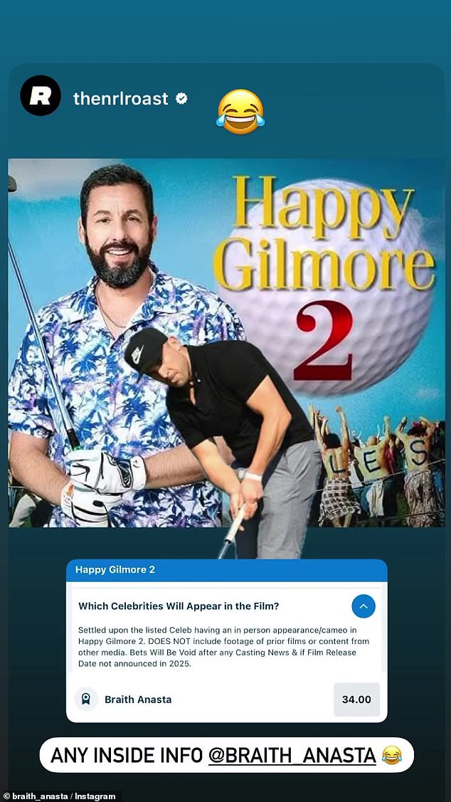 Anasta has appeared in a betting market for celebrity cameos in the new Happy Gilmore sequel, which he mocked on social media