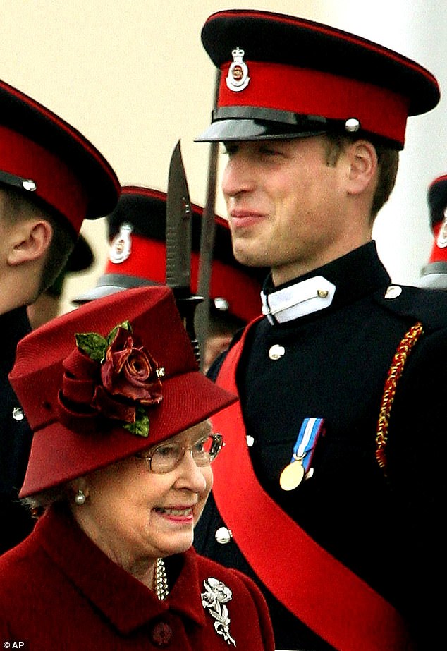 Queen Elizabeth II passes her grandson Prince William as she inspects graduates during a passing out parade at the Royal Military Academy Sandhurst on December 15, 2006