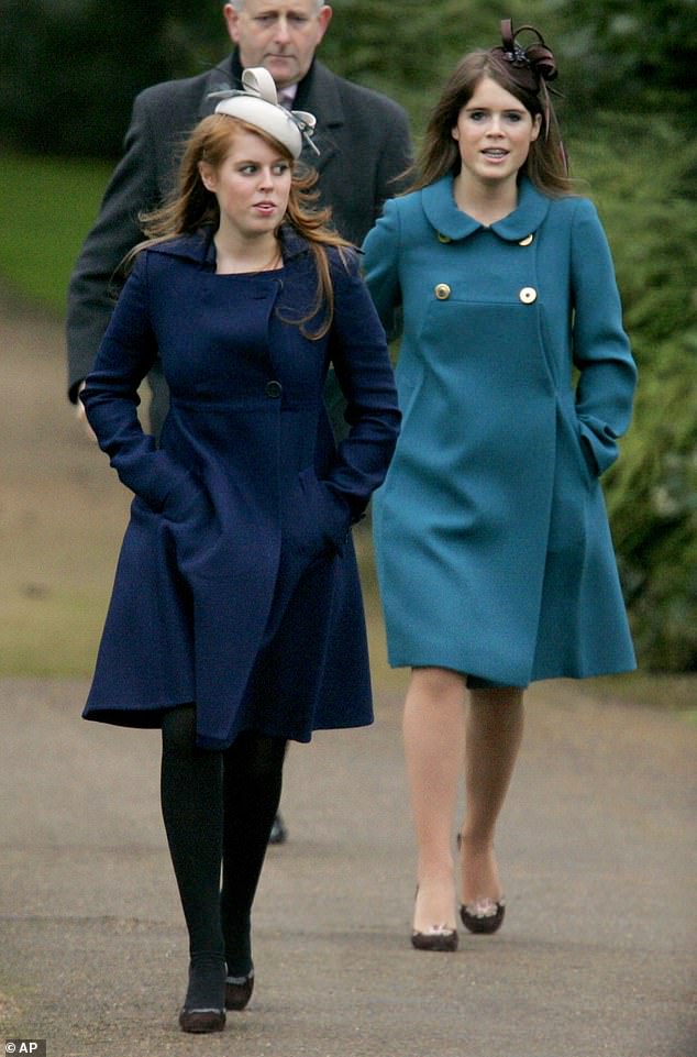 Princesses Beatrice (left) and Eugenie, daughters of Prince Andrew, arrive at St. Mary Magdalene Church on the Sandringham Estate on December 25, 2006