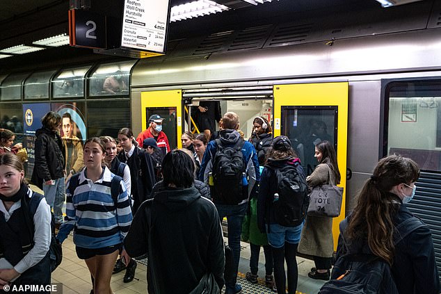 Disruptions to Sydney's rail network continued on Saturday, with up to eighteen train services canceled mid-morning (pictured by commuters at a Sydney train station)