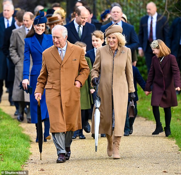 The King and Queen lead the way on Christmas Day with the next in line for the throne, Prince William, walking with his family just behind his father