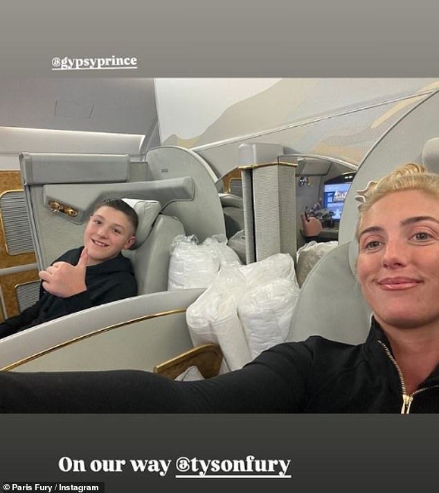 Earlier in the day, Paris shared a selfie with her son Prince, 13, as they traveled in luxury to the Middle East on their private jet ahead of the match