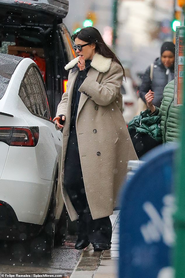 Anne wore her faux fur-trimmed outerwear over a leather jacket and black trousers, shielding her eyes behind sunglasses