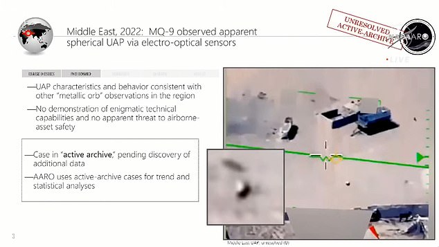 While playing a 2022 military UFO video taken by an MQ-9 Reaper drone in the Middle East, Pentagon UFO hunter Dr. Sean Kirkpatrick to a NASA panel: 'We see this one ['metallic orbs'] all over the world, and we see these performing very interesting apparent maneuvers'