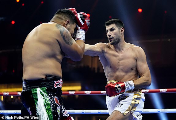 Andrii Novytskyi (right) and Edgar Ramirez during the WBC International Heavyweight match at the Kingdom Arena in Riyadh, Saudi Arabia. Date of photo: Saturday, December 21, 2024. PA Photo. See PA story BOXING Fury. Photo credit should read: Nick Potts/PA Wire. RESTRICTIONS: Use subject to restrictions. Editorial use only, no commercial use without prior permission from the rights holder.