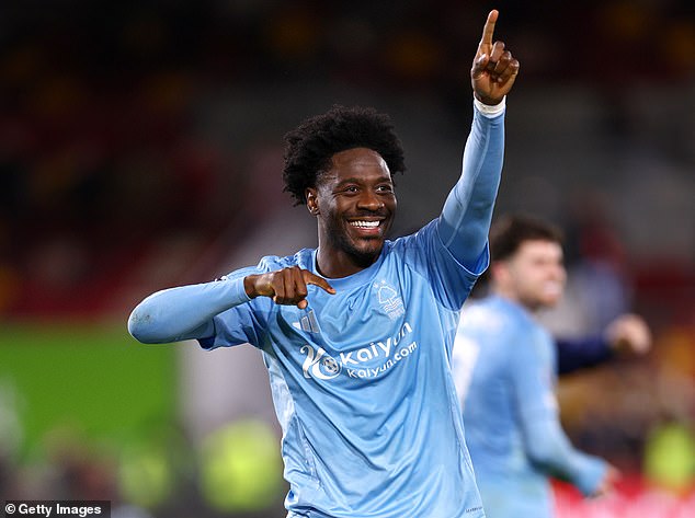 Forest star Aina celebrates at the final whistle after his team's impressive victory