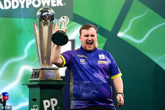 Luke Littler reacts to his loss to Luke Humphries (left) in the final of the Paddy Power World Darts Championship at Alexandra Palace, London. Date of photo: Wednesday January 3, 2024. PA Photo. See PA story DARTS World. Photo credit should read: Zac Goodwin/PA Wire. RESTRICTIONS: Use subject to restrictions. Editorial use only, no commercial use without prior permission from the rights holder.