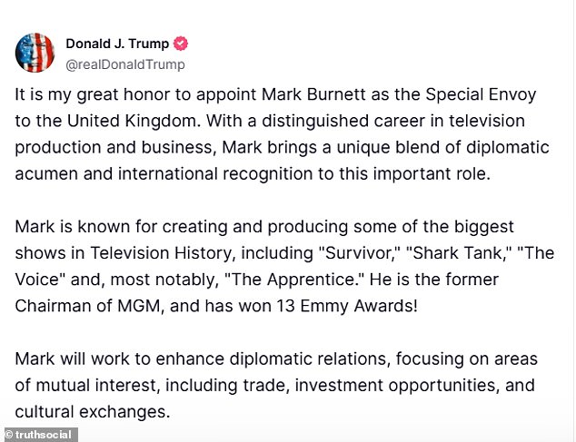 In his announcement on the social media platform Truth Social, Trump described Burnett as the producer of some of the biggest shows in TV history