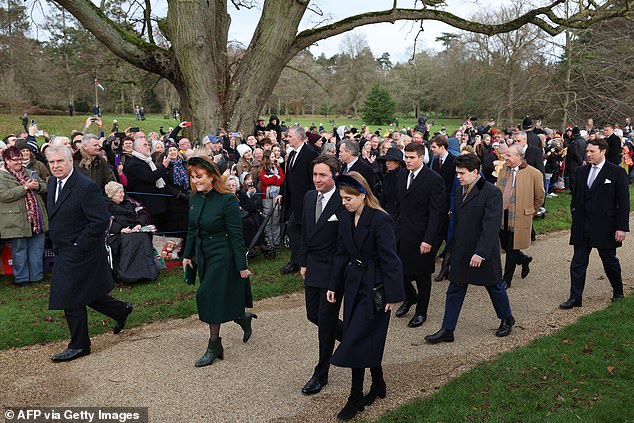 Prince Andrew, Duke of York (left), Sarah, Duchess of York (second from left) Edoardo Mapelli Mozzi (third from left) and Britain's Princess Beatrice of York (fourth from left) arrive for the royal family's traditional Christmas Day service in St. Mary Magdalene Church last year