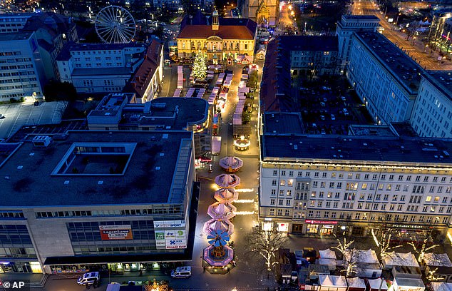 The Christmas market, where a car drove into a crowd on Friday evening, in Magdeburg, Germany, is empty on Saturday evening