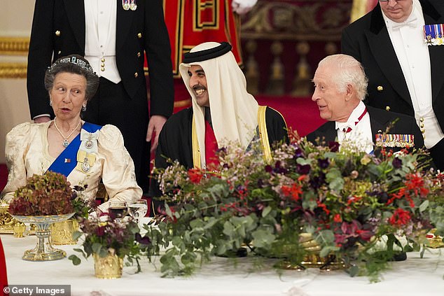 Princess Anne pictured with her older brother, King Charles III, during the state visit of the Emir of Qatar earlier this month