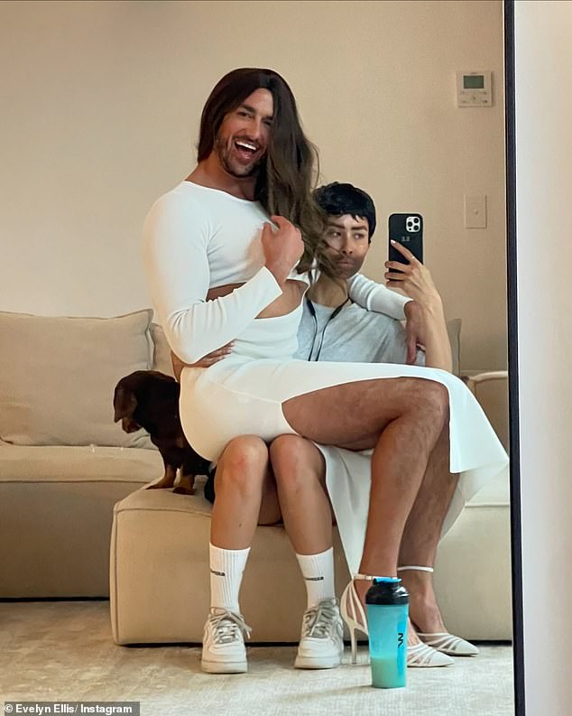 A cheeky photo left fans laughing as Duncan playfully posed in a white dress, high heels and a wig as he sat on Evelyn's lap