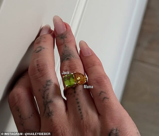 Taking to her Instagram Story, she shared a photo of herself modeling a custom ring decorated with her birthstone, a topaz, and her newborn son Jack's stone, a peridot.