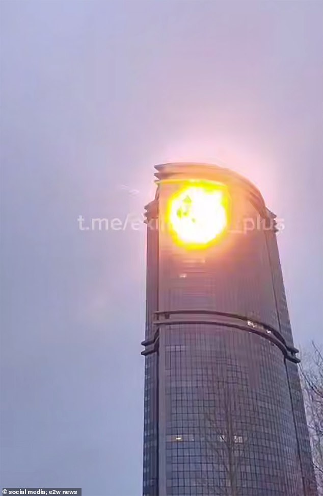 It crashed into the side of the 121-meter-high Lazurnyye Nebesa Tower and exploded in a fireball