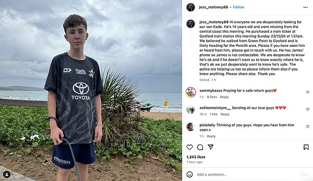 James Maloney's partner Jess shared a post on Instagram asking the public for help finding their missing son Kade (pictured)