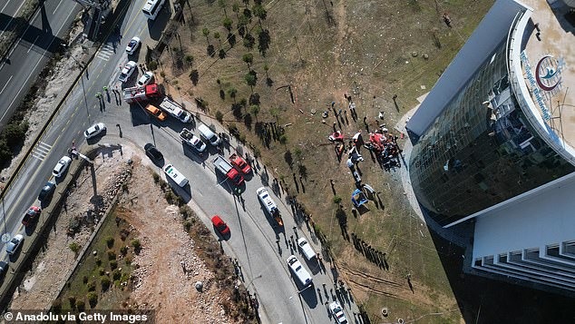 An aerial view of the helicopter crash site and the hospital building