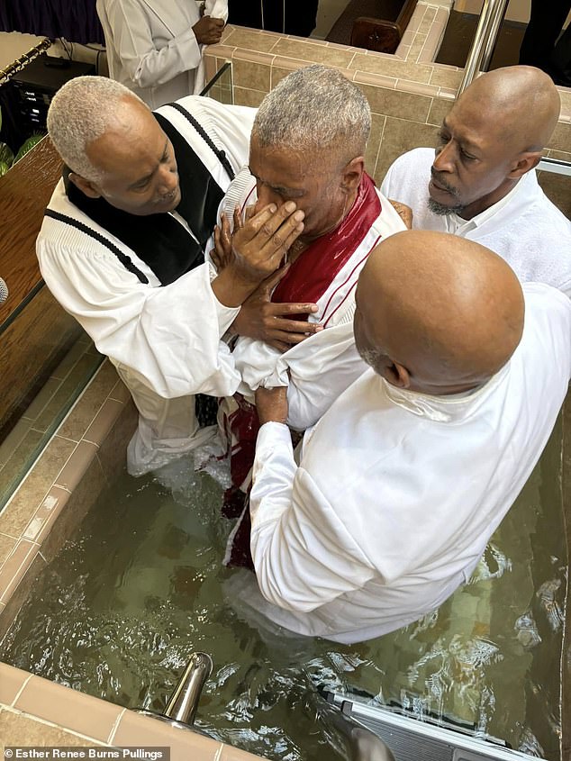 Church officials were seen dunking Washington in the water during the baptism ceremony