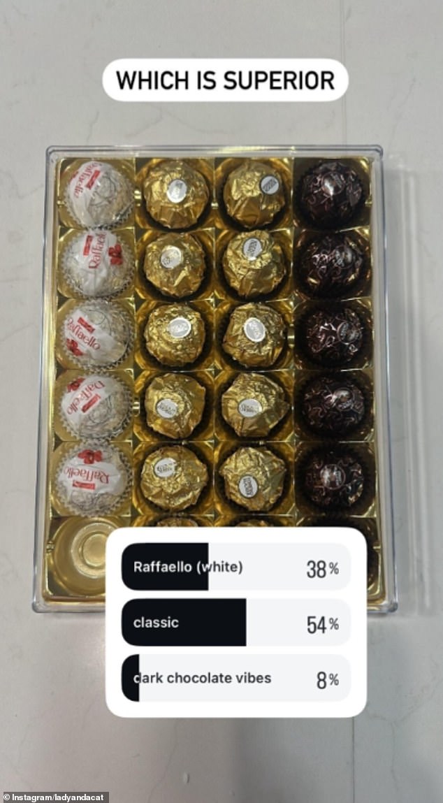 Within the mixed collection of the brand's greatest hits are the classic hazelnut version, the white chocolate and coconut Raffaello and the dark choc Rondnoir. Laura invited her followers to vote on which one is the best of the three, with the votes split