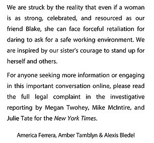 They added: 'During the filming of It Ends With Us we saw her muster the courage to ask for a safe workplace for herself and colleagues on set, and we are shocked to read the evidence of a premeditated desperation and vindictive attempt that followed to discredit her. her voice