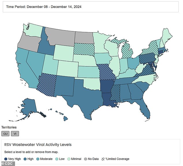 The above map shows the activity of RSV detection levels in wastewater in each state