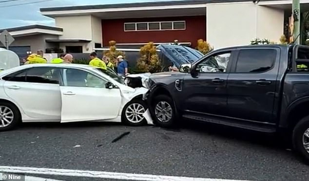 Pictured: The aftermath of the collision between an Uber driver's vehicle and Mom's Ford Ranger