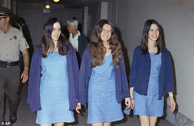 The infamous Manson family was convicted of nine murders after embarking on the killing spree that terrorized the city fifty years ago. Pictured: members Susan Atkins, Patricia Krenwinkel and Leslie Van Houten