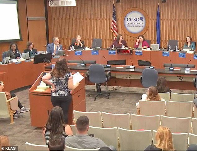 She was addressing the Clark County School District board in May 2022, when the board cut off her microphone while she was reading the monologue assigned to her daughter.