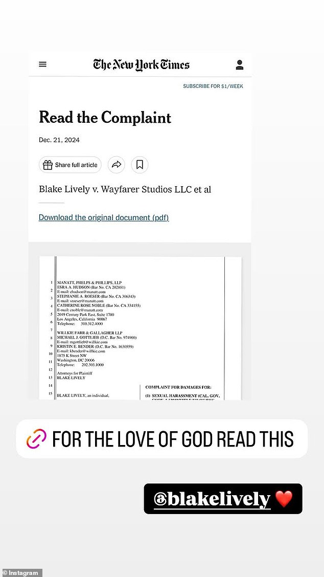 About the link to the lawsuit, he wrote, “For the love of God, read this.” He also tagged Lively, 37, and added a red heart emoji next to her name