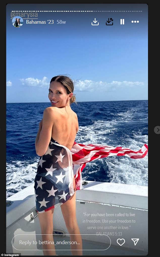 Bettina Anderson Florida socialite on a boat draped in an American flag