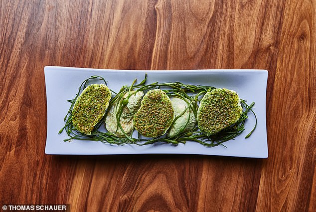 Oyster gratin with creamy chowder sauce and parsley-seaweed crust