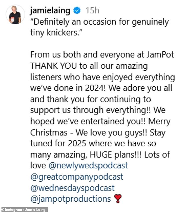 Jamie wrote: 'We hoped we entertained you!! Merry Christmas - We love you!! Stay tuned for 2025 where we have so many great, HUGE plans!!! Lots of love'