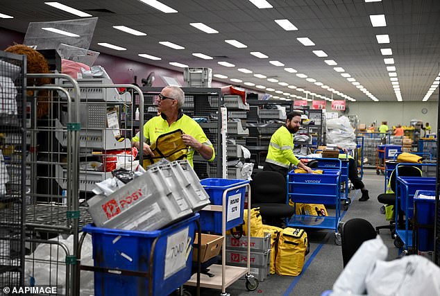 Ms Sarkar acknowledged that parcels and parcels can get lost, but she said it is unfair for small businesses to be entirely blamed for the problem (Photo of Australia Post workers sorting mail)