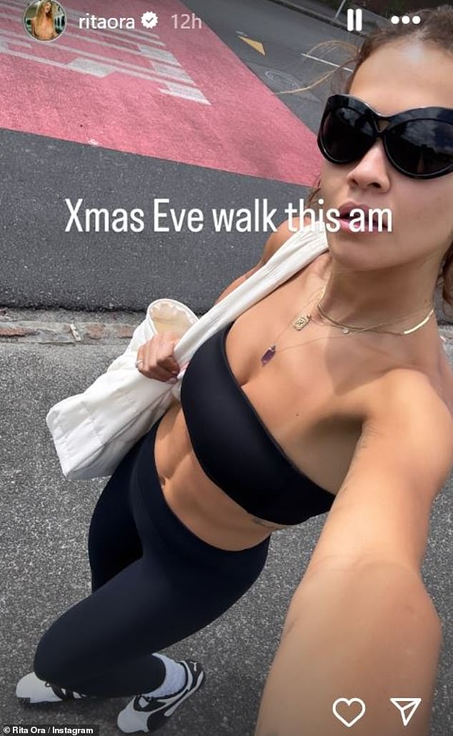 Elsewhere, Rita Ora showed off her stunning figure and toned abs as she embarked on a morning walk on Christmas Eve