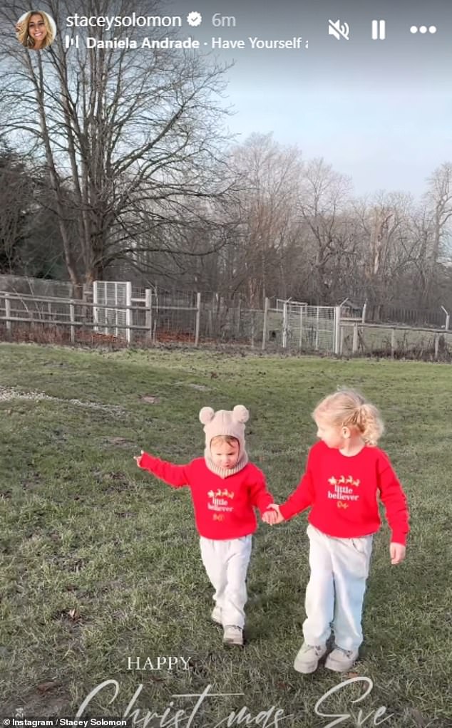 Stacey Solomon started her Christmas Eve by taking two of her children outside to feed carrots and strawberries to the reindeer near Pickle Cottage