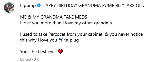 In another sweet birthday post, Lil Pump paid tribute to the 90-year-old as they posed together in matching red sweaters