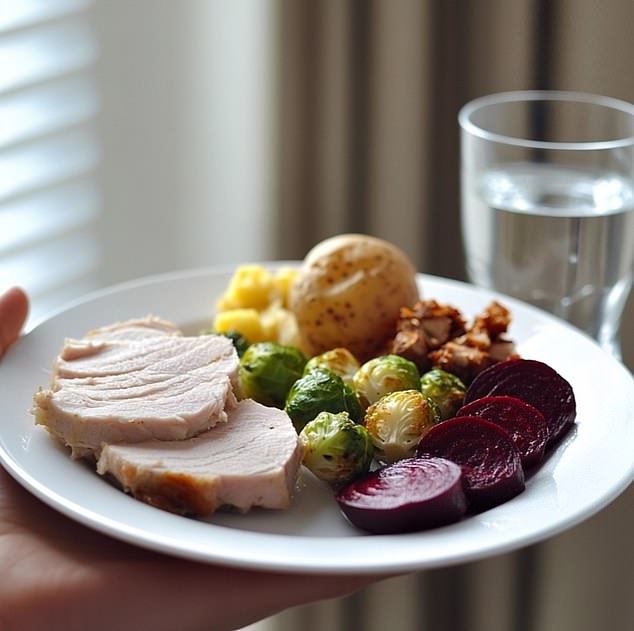 The above is an AI-generated photo of a Christmas meal recommended for people taking weight loss medications. It shows a small portion of turkey, Brussels sprouts, a small potato and beets