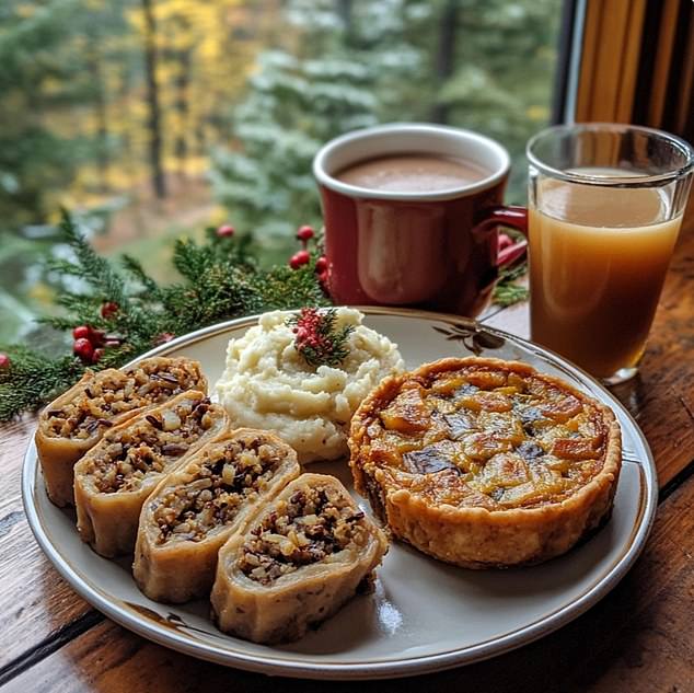 The above is an AI-generated photo of a Christmas meal recommended for people following a vegan diet. It consists of seitan with wild rice filling, mashed potatoes, a pumpkin pie, as well as a mug of hot chocolate and a glass of non-alcoholic apple cider