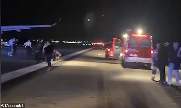 Local police said twelve passengers and five crew members were injured in the incident, with one crew member being treated in intensive care after suffering serious injuries (photo: an ambulance on the tarmac after the plane made the emergency landing)