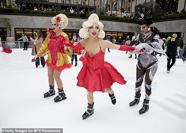 Acacia Forgot, Sam Star and Arrietty appear during RuPaul's Drag Race Season 17 Cast Visit to Rockefeller Center Ice Rink and Top of the Rock at Rockefeller Plaza on December 17, 2024 in New York City. The National Endowment for the Arts (NEA) awarded the Bearded Ladies Cabaret a $10,000 grant last year to support an ice skating cabaret performance focused on climate change.