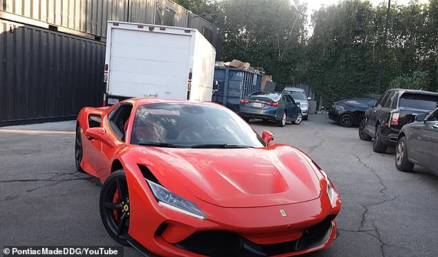 The hour-long vlog reached its climax when all the partygoers headed to the back parking lot of the rented event space while a friend arrived in the Italian luxury sports car, which ranges in price between $250,000 and $500,000.