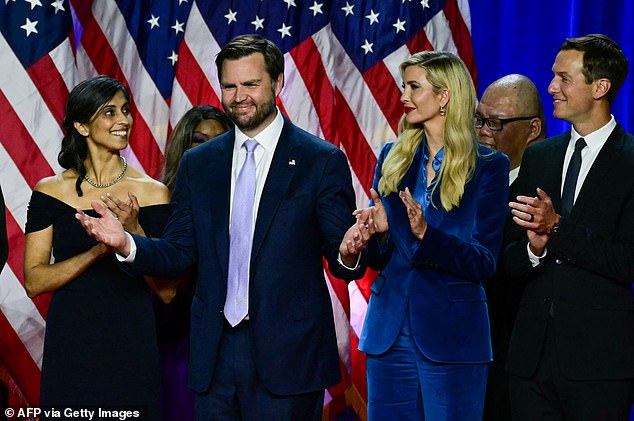 Republican vice presidential candidate JD Vance and his wife Usha Vance, Ivanka Trump and her husband Jared Kushner attend an election night for former US president and Republican presidential candidate Donald Trump