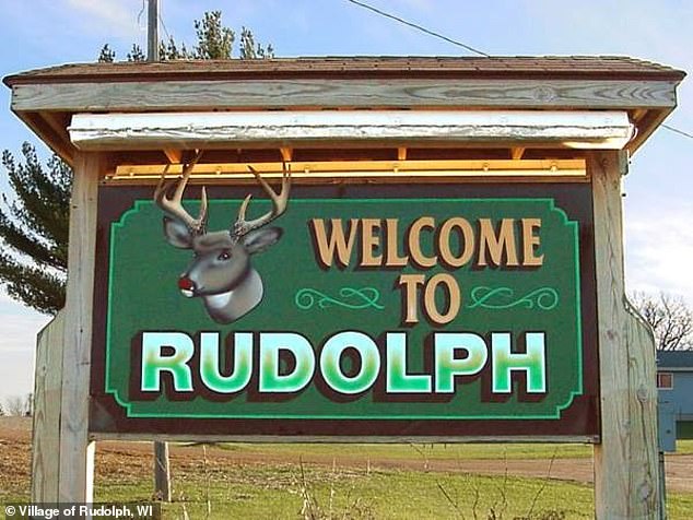 “Welcome to Rudolph” signs feature his red nose and greet visitors upon arrival