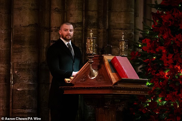 The service had heartfelt moments and brought together a host of celebrities to celebrate the holidays (photo Adam Peaty giving a talk)