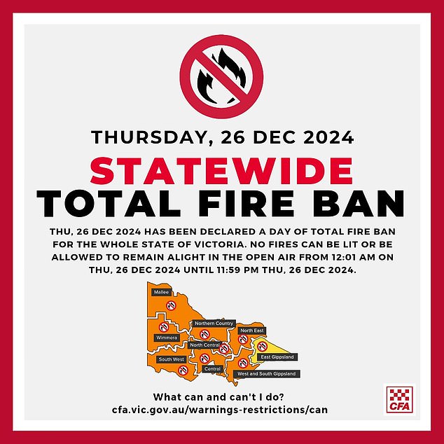 A total state-wide fire ban has been declared for Victoria on Boxing Day (see photo)