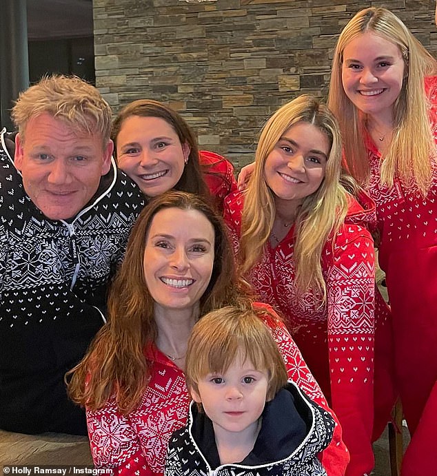 Holly and Adam will enjoy Christmas at the Ramsay family home in south-west London; Tana (second from left), and their six children, Megan, 26, twins Holly (second after Gordon) and Jack, 24, Matilda, 23, (right) Oscar, 5, (with Tana) and Jesse, 13 months