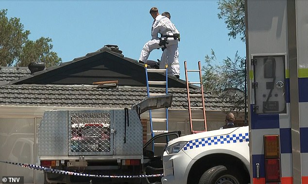 It is believed that Mr Greentree was working in the roof cavity of the house at the time he died (pictured emergency workers on top of the roof of the house)