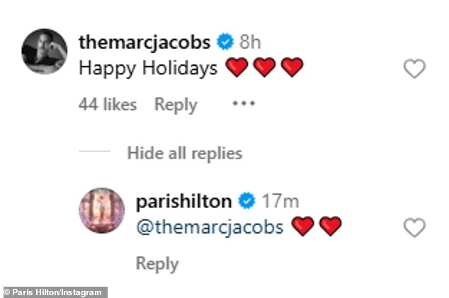 She responded with a heart emoji to designer Marc Jacobs, who wrote: 